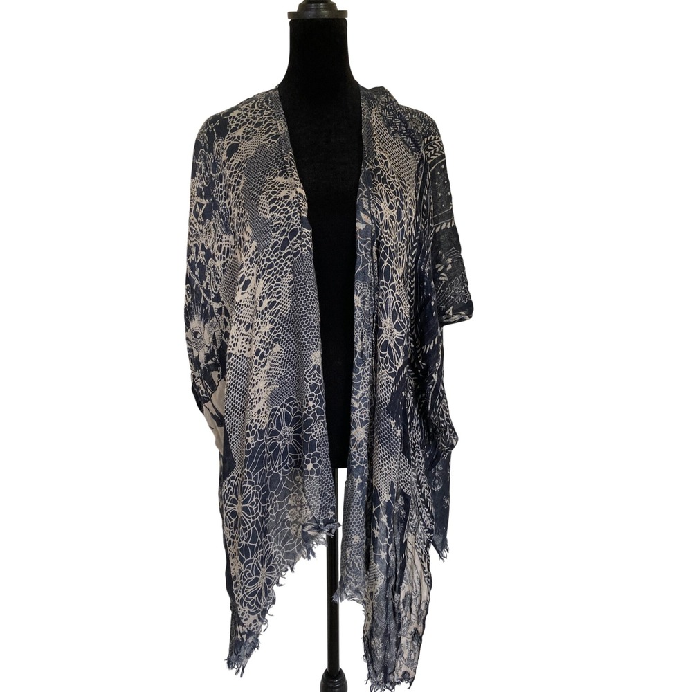 Pashma Petanu Wool Silk Beaded Floral Herringbone Wrap Shawl Navy Blue Cream